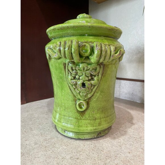 Vintage Green Ceramic Canister With Lid Ornate Decorative Design Distressed Fini